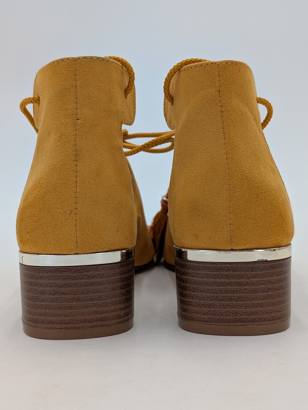 Nine West Sz 7M "Youdidto" Mustard Block Wood Heel Pearl Tassel Open Toe Sandals - Picture 12 of 16